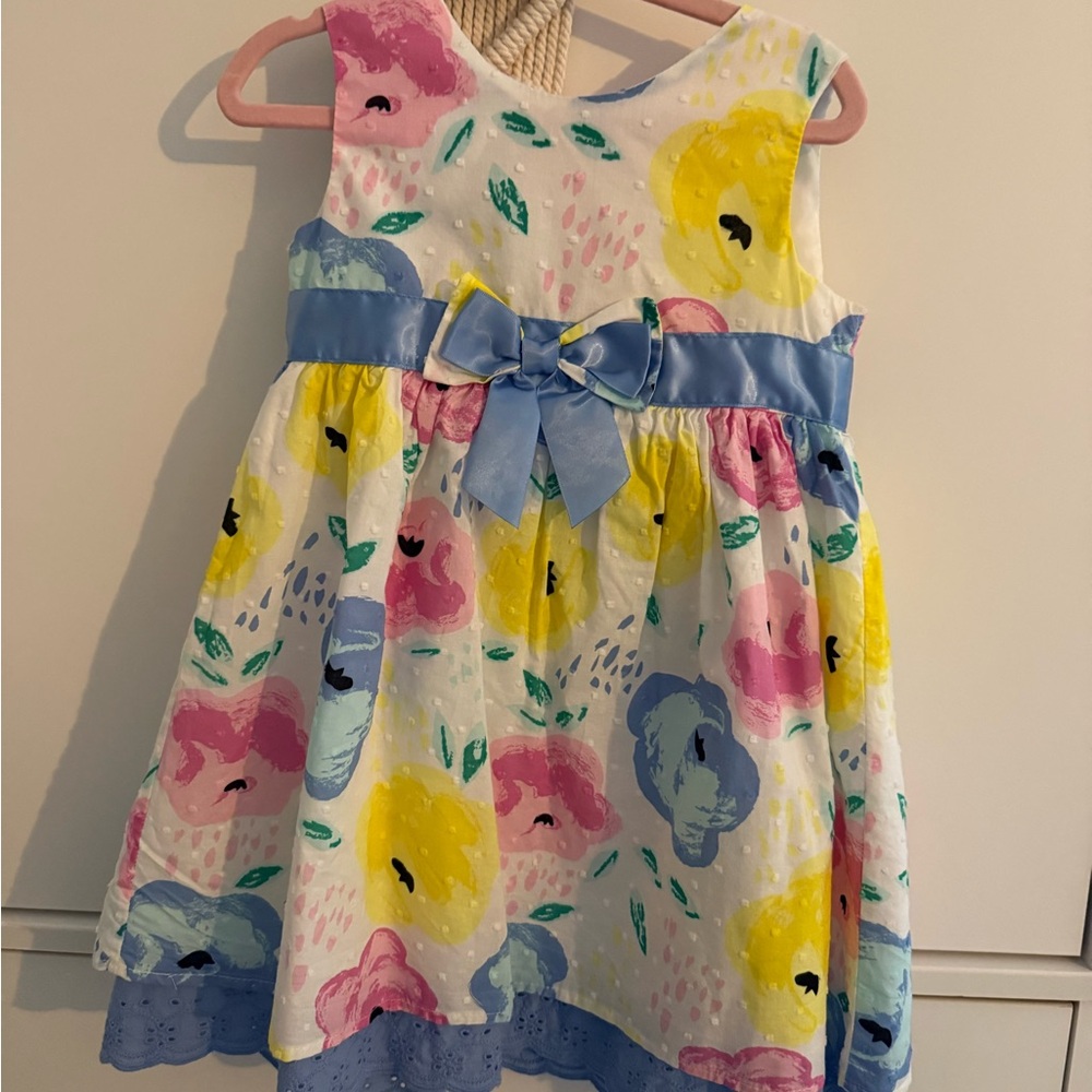 Blueberi Boulevard Colorful Floral Easter Dress with Blue Bow